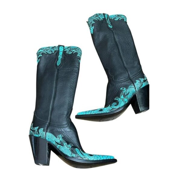 Old Gringo Black Leather Snip Toe Snake Skin Outlay Cowboy Boot Women Size  7B - Picture 3 of 12